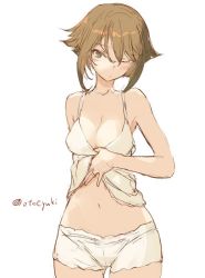 Rule 34 | 10s, 1girl, ;), armpits, artist name, bare shoulders, blush, breasts, brown hair, camisole, cleavage, collarbone, cowboy shot, green eyes, hair between eyes, jewelry, kantai collection, lifted by self, mutsu (kancolle), navel, one-hour drawing challenge, one eye closed, panties, ring, short hair, shy, sleeveless, smile, solo, standing, torminal, twitter username, underwear, underwear only, wedding band, wedding ring