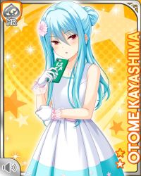 Rule 34 | 1girl, :o, alternate hairstyle, blue hair, bow, card, character name, dress, girlfriend (kari), kayashima otome, long hair, mobile phone, official art, open mouth, qp:flapper, red eyes, standing, tagme, very long hair, white bow, white dress, yellow background