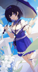 Rule 34 | 1girl, :d, absurdres, arm cuffs, arm strap, bag, bare shoulders, belt, between breasts, black bow, black hair, black ribbon, blue belt, blue bow, blue bowtie, blue collar, blue dress, blue eyes, blue ribbon, blue sky, blue umbrella, bow, bowtie, breasts, cloud, collar, crossed legs, day, detached collar, dress, feet out of frame, flower, frilled cuffs, frilled dress, frills, hair between eyes, hair bow, hand up, handbag, hands up, highres, holding, holding umbrella, honkai (series), honkai impact 3rd, looking at viewer, medium breasts, neck ribbon, open mouth, plant, pleated dress, qingye ling, ribbon, seele vollerei, short dress, short hair, sky, sleeveless, sleeveless dress, smile, solo, spaghetti strap, standing, strap between breasts, thigh strap, umbrella, white wrist cuffs, wrist cuffs