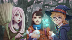 Rule 34 | 10s, 3girls, androgynous, blonde hair, blue eyes, bottle, broom, brown hair, coat, forest, freckles, glasses, gohpot, hair over one eye, hat, highres, kagari atsuko, little witch academia, lotte jansson, multiple girls, nature, open mouth, parted lips, pink hair, plant, ponytail, realistic, red eyes, semi-rimless eyewear, short hair, signature, smile, staff, sucy manbavaran, teeth, tree, under-rim eyewear, vines, witch hat