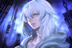 Rule 34 | 1boy, blue eyes, blurry, blurry background, cage, chain, collarbone, final fantasy, final fantasy xiv, from side, hair between eyes, highres, hood, hood down, kin mokusei, looking at viewer, male focus, medium hair, parted lips, portrait, serious, solo, themis (ff14), white hair