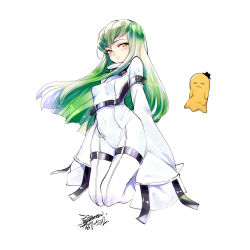 Rule 34 | 1girl, blush, bodysuit, breasts, c.c., cheese-kun, chinese commentary, code geass, commentary request, covered navel, dated, ejami, full body, green hair, kneeling, long hair, long sleeves, looking at viewer, medium breasts, multiple straps, signature, sleeves past fingers, sleeves past wrists, smile, white background, white bodysuit, wide sleeves, yellow eyes