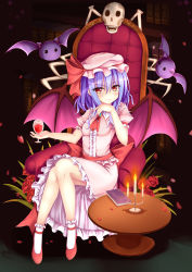 Rule 34 | &gt;:), 1girl, book, breasts, brown eyes, candle, candlestand, chair, closed mouth, collared dress, creature, cup, demon wings, dress, drinking glass, fang, fang out, fire, flower, frilled legwear, frilled sleeves, frills, full body, hair between eyes, hat, highres, mob cap, nail polish, nanairo fuusen, pink dress, puffy short sleeves, puffy sleeves, purple hair, red flower, red footwear, red nails, red rose, remilia scarlet, rose, shoes, short sleeves, sitting, skull, small breasts, smile, socks, table, touhou, v-shaped eyebrows, vampire, white legwear, wine glass, wings