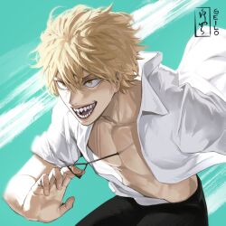 Rule 34 | 1boy, artist name, blonde hair, chainsaw man, denji (chainsaw man), highres, looking at another, open clothes, open mouth, open shirt, pull cord, seilo art, sharp teeth, short hair, simple background, sleeves rolled up, smile, solo, teeth, yellow eyes