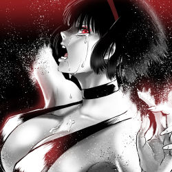 Rule 34 | 1girl, absurdres, bad id, bad pixiv id, bare shoulders, black hair, breasts, choker, cleavage, crying, crying with eyes open, death, disappear, disintegration, eyelashes, eyeshadow, fingernails, gradient background, greyscale, hairband, highres, inuyasha, large breasts, lips, looking at viewer, makeup, mobhunter, monochrome, no bra, open mouth, red eyes, revealing clothes, sad, sakasagami no yura, shiny skin, short hair, tears, upper body