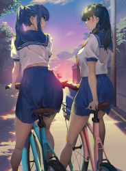 Rule 34 | 2girls, ass, backlighting, bag, bare legs, bicycle, bicycle basket, black hair, blue eyes, blue skirt, blunt bangs, breasts, closed mouth, cloud, evening, feet out of frame, from behind, gradient sky, guratan, kneepits, leaning forward, long hair, looking at viewer, looking back, looking to the side, medium breasts, multiple girls, original, outdoors, pantylines, parted lips, ponytail, red eyes, red neckwear, road, see-through, shirt, short sleeves, sidelocks, sitting, skirt, sky, street, sunlight, tareme, wall, white shirt