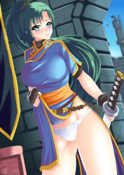 Rule 34 | 1girl, absurdres, bare legs, black gloves, blue dress, blush, breasts, china dress, chinese clothes, clothes lift, dress, dress lift, dutch angle, female focus, fingerless gloves, fire emblem, gloves, green eyes, green hair, haarmades, highres, holding, holding sword, holding weapon, katana, large breasts, legs, long hair, looking at viewer, lyn (fire emblem), nintendo, panties, ponytail, self-upload, short sleeves, smile, solo, standing, sword, teeth, underwear, weapon, white panties