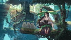 Rule 34 | 1girl, artist name, bird, black dress, black eyes, black hair, breasts, cleavage, day, dress, english text, fantasy, forest, highres, large breasts, moss, nagi itsuki, nature, original, outdoors, scenery, sitting, tree, wide shot