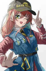 Rule 34 | 1girl, ;d, absurdres, baseball cap, belt, black belt, black hat, black necktie, blue vest, bocchi the rock!, breast pocket, cardigan, collared shirt, finger gun, gradient background, green eyes, hair between eyes, hand up, hat, headwear writing, highres, index finger raised, kita ikuyo, long hair, long sleeves, looking at viewer, natsugu72, necktie, one eye closed, open hand, open mouth, outstretched hand, pocket, red cardigan, red hair, shirt, smile, solo, upper body, vest, white background, white shirt