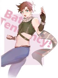 Rule 34 | 1boy, battle tendency, belt, belt buckle, blue pants, brown hair, buckle, clenched hand, commentary request, copyright name, crop top, fighting stance, fingerless gloves, gloves, green eyes, jojo no kimyou na bouken, joseph joestar, joseph joestar (young), looking at viewer, male focus, messy hair, midriff, ningzzz, open mouth, pants, scarf, shirt, sleeveless, sleeveless shirt, solo