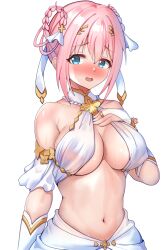 Rule 34 | 1girl, absurdres, blue eyes, breasts, commentary, craig (2980ct), gloves, hand on own chest, highres, large breasts, navel, pink hair, princess connect!, simple background, white gloves, yui (ceremonial) (princess connect!), yui (princess connect!)