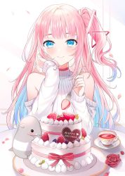 Rule 34 | 1girl, anteater, bare shoulders, blue eyes, blush, cake, closed mouth, cup, flower, food, fork, fruit, hair ribbon, halterneck, hand on own cheek, hand on own face, happy birthday, highres, holding, holding fork, long hair, long sleeves, looking at viewer, off shoulder, petals, pink hair, plate, propro production, red flower, red rose, ribbon, rose, saucer, side ponytail, smile, solo, strawberry, sweater, teacup, virtual youtuber, yumesaki mia, yumesakimia