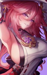 Rule 34 | 1girl, absurdres, animal ears, armpits, arms up, blush, breasts, commentary request, detached sleeves, genshin impact, hair between eyes, hair ornament, head tilt, highres, large breasts, long hair, looking at viewer, nompang, parted lips, pink hair, purple background, purple eyes, shirt, sideboob, simple background, smile, solo, upper body, white shirt, yae miko