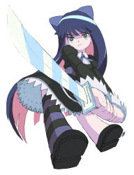 Rule 34 | 10s, 1girl, blue eyes, blue hair, bow, colored inner hair, dress, female focus, full body, gothic lolita, green eyes, hair bow, katana, lolihorn, lolita fashion, long hair, matching hair/eyes, multicolored hair, panty &amp; stocking with garterbelt, pink hair, simple background, single thighhigh, solo, stocking (psg), striped clothes, striped thighhighs, sword, thighhighs, two-tone hair, weapon, white background