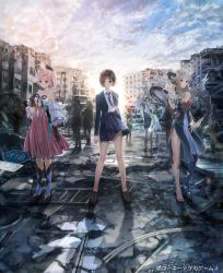 Rule 34 | bare legs, black hairband, blazer, blue eyes, blue reflection (series), blue reflection maboroshi ni mau shoujo no ken, blue reflection ray, blue reflection sun, blue reflection tie, boots, brown eyes, brown hair, character request, cloud, cloudy sky, commentary request, copyright notice, copyright request, grey hair, hairband, highres, jacket, key, kishida mel, lens flare, loafers, long hair, miniskirt, multiple girls, necktie, official art, pink eyes, pink hair, plaid, plaid skirt, pleated skirt, rubble, ruins, school uniform, shoes, short hair, single shoe, skirt, sky