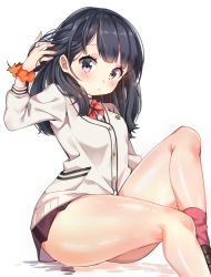 Rule 34 | 10s, 1girl, bad id, bad pixiv id, black hair, bow, bowtie, cardigan, commentary request, gridman universe, konsom, legs, long sleeves, looking at viewer, pink eyes, red bow, red bowtie, short hair, simple background, sitting, socks, solo, ssss.gridman, takarada rikka, thick thighs, thighs, white background, white cardigan