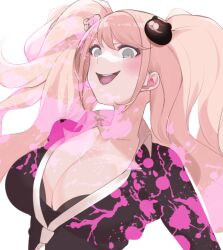 Rule 34 | 1girl, blonde hair, blood, blood splatter, breasts, cleavage, collarbone, collared shirt, danganronpa: trigger happy havoc, danganronpa (series), enoshima junko, grey eyes, hair ornament, large breasts, looking at viewer, looking down, open mouth, pink blood, shikosour, shirt, simple background, smirk, solo, twintails, upper body, white background