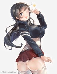 Rule 34 | 1girl, ;d, agano (kancolle), ass, black hair, blush, breasts, brown hair, green eyes, grey background, juurouta, kantai collection, large breasts, long hair, looking at viewer, one eye closed, open mouth, red skirt, sidelocks, simple background, skirt, smile, solo, star (symbol), thighhighs, track suit, twitter username, v, white thighhighs