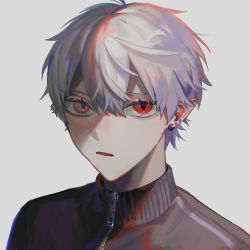 Rule 34 | 1boy, absurdres, am dr, black sweater, collar, ear piercing, earrings, expressionless, grey background, highres, jewelry, kuzuha (nijisanji), long eyelashes, looking at viewer, male focus, nijisanji, open mouth, piercing, pointy ears, red eyes, shaded face, short hair, simple background, slit pupils, solo, sweater, turtleneck, turtleneck sweater, upper body, virtual youtuber, white hair, zipper