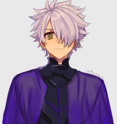 Rule 34 | 1boy, armor, artist name, bad id, bad twitter id, closed mouth, fate/grand order, fate (series), galahad (fate), grey background, hair over one eye, looking at viewer, male focus, ofstan, silver hair, simple background, solo, upper body, yellow eyes