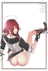 Rule 34 | 1girl, absurdres, ahoge, arknights, artist logo, ass, bad id, bad pixiv id, black gloves, black jacket, black legwear, blush, border, character name, chinese commentary, copyright name, embarrassed, exusiai (arknights), fingerless gloves, from behind, full body, furrowed brow, gloves, halo, highres, hood, hooded jacket, jacket, looking at viewer, looking back, multicolored clothes, multicolored jacket, nayuko (wuyou nayuko), no panties, open mouth, orange eyes, red hair, short hair, simple background, sitting, solo, two-tone jacket, undressing, white background, white jacket