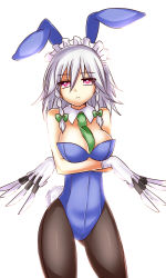 Rule 34 | 1girl, aisa (micuma), animal ears, ascot, braid, breasts, crossed arms, detached collar, gloves, highres, izayoi sakuya, jitome, knife, large breasts, leotard, maid headdress, pantyhose, playboy bunny, rabbit ears, rabbit tail, red eyes, silver hair, solo, tail, touhou, twin braids, wrist cuffs