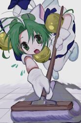 Rule 34 | 1girl, animal ears, animal hands, animal hat, antenna hair, apron, bell, cat ears, cat hat, dejiko, di gi charat, gloves, green eyes, green hair, hair bell, hair ornament, hat, highres, looking at viewer, maid apron, mittens, paw gloves, paw shoes, pepeppepe101, short hair, solo, white mittens