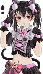 Rule 34 | 1girl, absurdres, black gloves, black hair, black shirt, black skirt, blush, bow, bowtie, breasts, cat girl, cat tail, crop top, cropped shirt, detached sleeves, double-parted bangs, frilled shirt, frilled shirt collar, frills, gloves, hair ornament, highres, kemonomimi mode, letter hair ornament, looking at viewer, love live!, love live! school idol festival, love live! school idol project, lowleg, lowleg skirt, medium hair, midriff, navel, official alternate costume, open mouth, paw pose, pink bow, pink bowtie, pom pom (clothes), pom pom hair ornament, puffy detached sleeves, puffy short sleeves, puffy sleeves, red eyes, shirt, short sleeves, skirt, small breasts, solo, tail, twintails, waist bow, yazawa nico, zen.nico