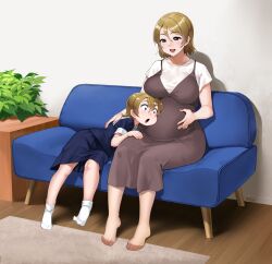Rule 34 | 2girls, child, couch, highres, koizumi hanayo, leaf, love live!, mother and daughter, multiple girls, plant, pregnant, sitting, solo, tachibana roku, wooden floor