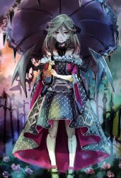 Rule 34 | 1girl, bare shoulders, bat wings, black wings, blonde hair, blue umbrella, bow, bright pupils, closed mouth, cloud, cloudy sky, collarbone, dress, facial mark, fang, fang out, fence, flower, frills, fur-trimmed dress, fur trim, hair between eyes, hatano kiyoshi, highres, holding, holding umbrella, long hair, looking at viewer, mini wings, multicolored hair, off-shoulder dress, off shoulder, outdoors, over shoulder, patterned, patterned clothing, pink bow, pink flower, pink hair, purple flower, purple umbrella, red eyes, red hair, sky, solo, standing, umbrella, vampire fraulein, white pupils, wings, yu-gi-oh!