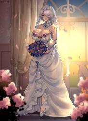 Rule 34 | 1girl, bare shoulders, blue eyes, blush, bouquet, breasts, brid (nikke), bridal veil, cleavage, closed mouth, colored inner hair, commission, dress, elbow gloves, flower, gloves, goddess of victory: nikke, green hair, hair over one eye, high heels, holding, holding bouquet, huge breasts, long hair, looking at viewer, low-tied long hair, multicolored hair, noiretox, shoulder tattoo, smile, solo, strapless, strapless dress, tattoo, third-party source, two-tone hair, veil, wedding dress, white dress, white gloves, white hair