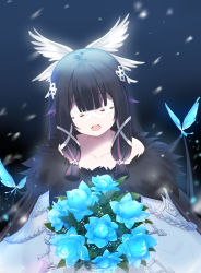 Rule 34 | 1girl, absurdres, black hair, blue flower, bouquet, cloak, closed eyes, collarbone, columbina (genshin impact), commentary, facing viewer, flower, fufumi, fur-trimmed cloak, fur trim, genshin impact, highres, multicolored hair, open mouth, purple hair, solo, streaked hair, symbol-only commentary, teeth, upper teeth only, white cloak