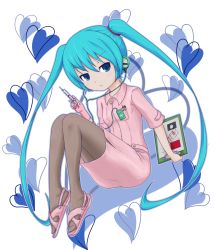 Rule 34 | &gt;:(, 1girl, clipboard, digital media player, frown, hatsune miku, hatsune negame, ipod, needle, nurse, pantyhose, sandals, solo, stethoscope, twintails, v-shaped eyebrows, vocaloid