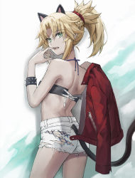 Rule 34 | 1girl, animal ears, ass, back, bad id, bad twitter id, bandeau, bare shoulders, blonde hair, braid, breasts, cat ears, cat tail, fate/apocrypha, fate (series), french braid, green eyes, hair ornament, hair scrunchie, highres, jacket, unworn jacket, jewelry, licking lips, long hair, looking at viewer, looking back, mordred (fate), mordred (fate/apocrypha), necklace, open mouth, ponytail, red jacket, red scrunchie, scrunchie, shorts, sidelocks, simple background, small breasts, solo, tail, thighs, tonee, tongue, tongue out, white shorts
