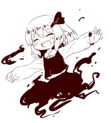 Rule 34 | 1girl, arinu, blush, closed eyes, collared shirt, commentary, fang, greyscale, hair between eyes, hair ribbon, long sleeves, monochrome, open mouth, outstretched arms, ribbon, rumia, shirt, short hair, simple background, skin fang, skirt, smile, solo, spread arms, touhou, upper body, vest, white background