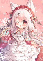 Rule 34 | 1girl, :d, animal ear fluff, animal ears, blush, bow, cowboy shot, dress, ear bow, fang, floral print, frilled dress, frills, fruits fulcute!, grey hair, hair bow, hair ornament, hair over shoulder, hairclip, highres, lolita fashion, long hair, long sleeves, looking at viewer, maid headdress, momozu komamochi, one eye closed, open mouth, pink background, red eyes, signature, smile, solo, very long hair, wa lolita, wide sleeves