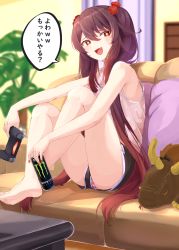 Rule 34 | 1girl, :d, absurdres, bare arms, bare legs, bare shoulders, barefoot, black shorts, blurry, blurry background, brown hair, can, commentary request, controller, couch, curtains, depth of field, ekusera, energy drink, fang, flower, flower-shaped pupils, game controller, genshin impact, hair between eyes, hair flower, hair ornament, highres, holding, holding can, hu tao (genshin impact), indoors, knees up, long hair, monster energy, on couch, open mouth, panties, panties under shorts, pink tank top, plant, red eyes, red flower, short shorts, shorts, smile, solo, striped clothes, striped panties, stuffed animal, stuffed toy, symbol-shaped pupils, tank top, translation request, twintails, underwear, upshorts, very long hair