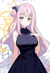 Rule 34 | 1girl, alternate costume, angel wings, black dress, blue archive, blush, breasts, closed mouth, crescent, crescent pin, dress, feathered wings, flower, hair bun, hair flower, hair ornament, halo, highres, kousuke0912, large breasts, long hair, looking at viewer, mika (blue archive), pink hair, pink halo, purple flower, simple background, single side bun, sleeveless, sleeveless dress, solo, white background, white wings, wings, yellow eyes