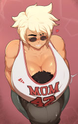 Rule 34 | 1boy, 1girl, between breasts, blonde hair, blush, breast smother, breasts, cleavage, curvy, dark skin, face to breasts, head between breasts, head under another&#039;s clothes, head under shirt, highres, huge breasts, jujunaught, miffu (donaught), muscular, muscular female, original, sunglasses, tan, tank top, thick eyebrows, under another&#039;s clothes