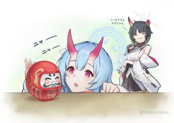 Rule 34 | 2girls, bare shoulders, black hair, black skirt, blue archive, blue hair, blue halo, blush, breasts, bridal gauntlets, broken horn, chise (blue archive), daruma doll, detached sleeves, grey halo, halo, horns, japanese clothes, kimono, large breasts, long hair, multiple girls, niya (blue archive), oni horns, open mouth, pleated skirt, red eyes, red horns, short hair, sideboob, single bridal gauntlet, skirt, takeclaire, twitter username, white kimono, white sleeves