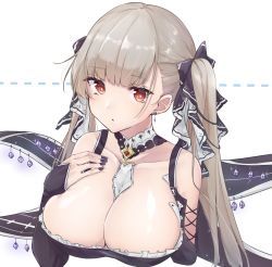 Rule 34 | 1girl, :o, azur lane, bare shoulders, between breasts, black dress, black nails, breasts, cleavage, cropped torso, dress, earrings, flight deck, formidable (azur lane), frilled dress, frills, glint, grey hair, hair ornament, hair ribbon, hand on own chest, highres, jewelry, large breasts, long hair, long sleeves, looking at viewer, nail polish, nayuta hilo, red eyes, ribbon, rigging, solo, twintails, upper body