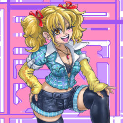 Rule 34 | 1970s (style), 1girl, blonde hair, blush, bra, brown eyes, fingernails, hair ribbon, izumi nana, jewelry, lingerie, nail, necklace, oldschool, one eye closed, open clothes, open shirt, pipipi, retro artstyle, ribbon, shirt, shorts, smile, solo, thighhighs, toushou daimos, underwear, wink