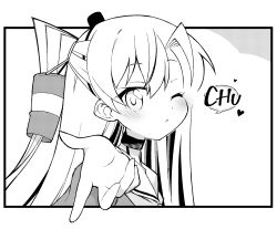 Rule 34 | 1girl, amatsukaze (kancolle), ataru (ataru-littlebird), blowing kiss, choker, commentary request, dress, greyscale, hair tubes, hat, highres, kantai collection, kiss day, lifebuoy ornament, looking at viewer, mini hat, monochrome, one eye closed, sailor collar, sailor dress, smokestack hair ornament, solo, two side up, upper body