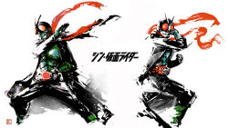 Rule 34 | 2boys, antennae, black coat, bug, coat, commentary request, fighting stance, floating scarf, gloves, grasshopper, green gloves, helmet, highres, insect, kamen rider, kamen rider 1 (shin kamen rider), kamen rider 2 (shin kamen rider), multiple boys, paparaya, red eyes, red scarf, rider belt, scarf, shin kamen rider, tokusatsu, typhoon (shin kamen rider)