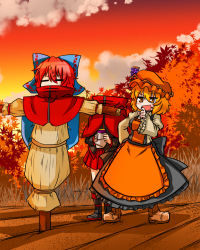 Rule 34 | &gt;:d, 2girls, :d, = =, aki minoriko, apron, autumn, bad id, bad pixiv id, blonde hair, blue bow, blush, bow, cape, disembodied head, dress, closed eyes, field, food, fruit, full body, grapes, hair bow, hat, headless, high collar, highres, juliet sleeves, long sleeves, looking at another, mob cap, multiple girls, one-hour drawing challenge, open mouth, puffy sleeves, red cape, red hair, scarecrow, sekibanki, short hair, smile, sumiya nadateru, sweet potato, touhou, v-shaped eyebrows, waist apron, wide sleeves, yellow eyes