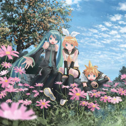 Rule 34 | 1boy, 2girls, :d, blurry, cloud, day, depth of field, detached sleeves, flower, hatsune miku, highres, isou nagi, kagamine len, kagamine rin, multiple girls, nature, necktie, open mouth, outstretched arm, outstretched hand, sitting, sky, smile, thighhighs, twintails, vocaloid