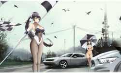 Rule 34 | 2girls, absurdres, animal ears, atago (azur lane), atago (stunning speedster) (azur lane), azur lane, bikini, bird, black bikini, black hair, breasts, car, checkered flag, cleavage, crop top, cropped jacket, dodge (company), dodge challenger, dodge challenger (3rd generation), dog ears, dog girl, flag, ford, ford mustang, ford mustang s550, highres, incredibly absurdres, kcar66t, leotard, long hair, motor vehicle, multiple girls, muscle car, official alternate costume, pantyhose, ponytail, power lines, product placement, race queen, road, swimsuit, takao (azur lane), takao (full throttle charmer) (azur lane), thighhighs, tower, umbrella, utility pole