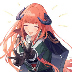 Rule 34 | 1girl, :d, ^ ^, arknights, bagpipe (arknights), black capelet, black gloves, blush, capelet, closed eyes, commentary request, double v, gloves, green jacket, highres, horns, jacket, long hair, open mouth, orange hair, simple background, smile, solo, u jie, upper body, v, very long hair, white background
