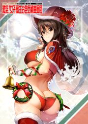 Rule 34 | 1girl, alternate color hat, alternate costume, ass, back, bell, bikini, boots, breasts, bridal gauntlets, brown eyes, brown hair, butt crack, capelet, carrying over shoulder, christmas, circle name, closed mouth, copyright name, cowboy shot, emblem, english text, flower, from behind, gekitotsu! joshikousei oiroke sensha gundan, girls und panzer, gloves, hat, hat flower, holding, holding sack, kacchu musume, keizoku (emblem), large breasts, long hair, looking at viewer, looking back, mika (girls und panzer), red capelet, red flower, red footwear, red hat, sack, santa bikini, santa boots, skindentation, smile, snow, snowflakes, solo, sparkle, standing, swimsuit, thigh boots, thighhighs, tulip hat, white gloves, wreath
