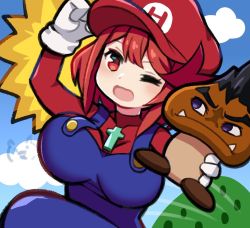 Rule 34 | blue overalls, breasts, cosplay, goomba, large breasts, ma2acworks, malos (xenoblade), mario, mario (cosplay), one eye closed, open mouth, overalls, pyra (xenoblade), red eyes, red hair, short hair, swept bangs, xenoblade chronicles (series), xenoblade chronicles 2